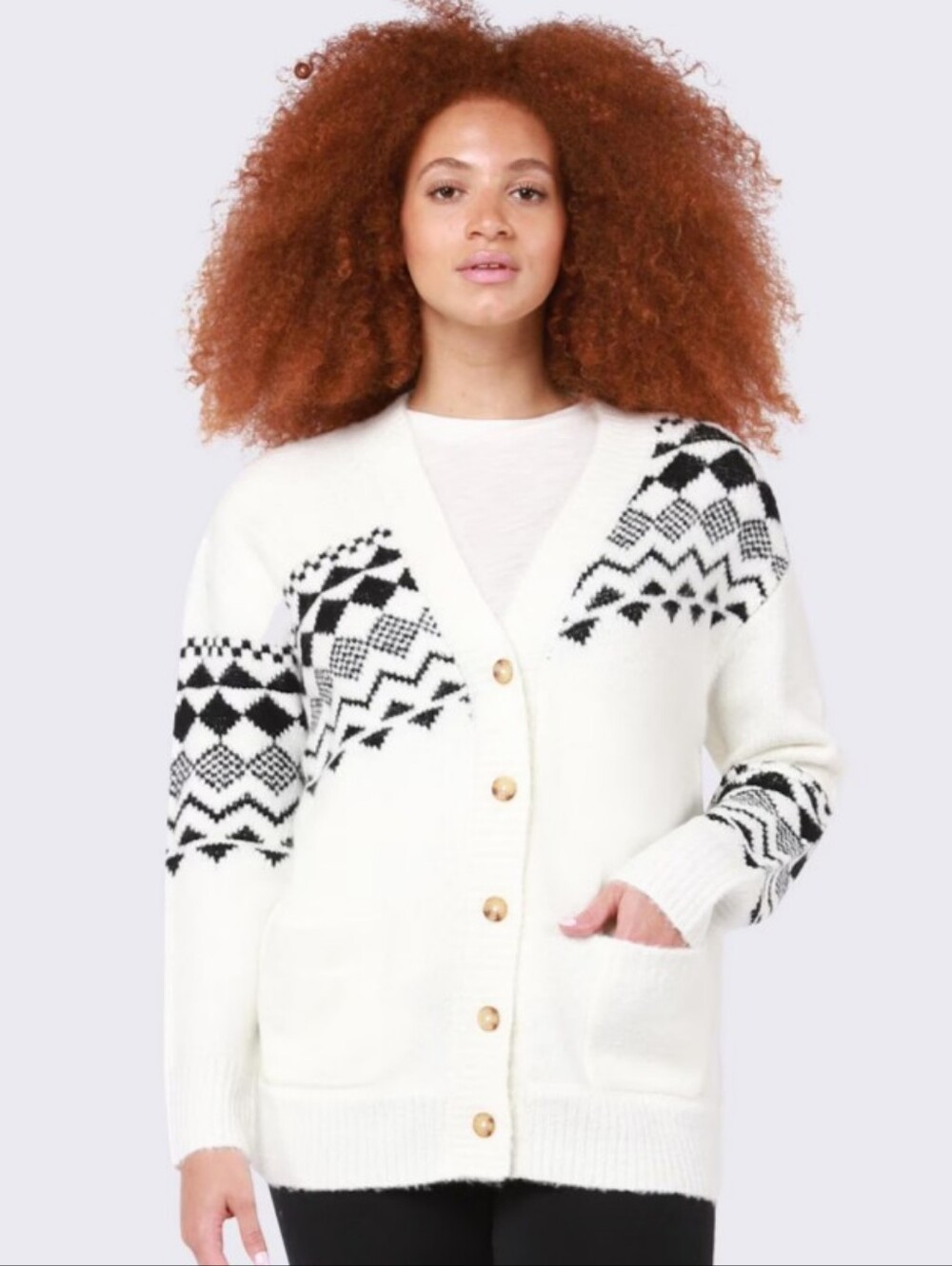 Women Cream and Black Geometric V-Neck Cardigan